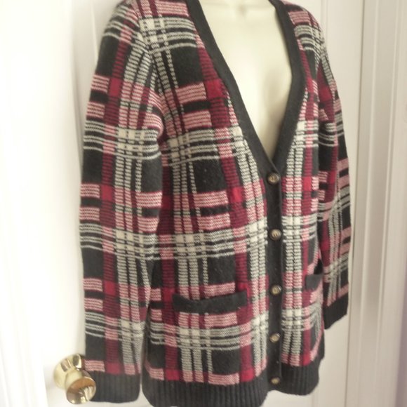 Bob Jimley AKA Sweater Cardigan M Heavy Wool Knit Plaid Button Down Elbow Patche - Picture 4 of 7